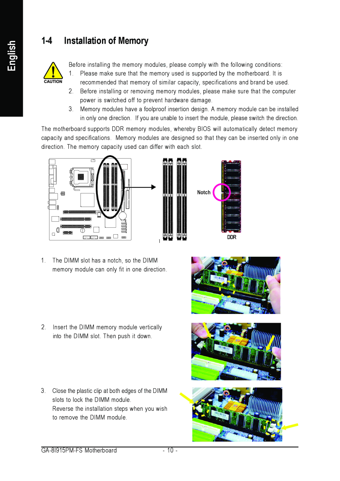 Intel GA-8I915PM-FS user manual Installation of Memory 