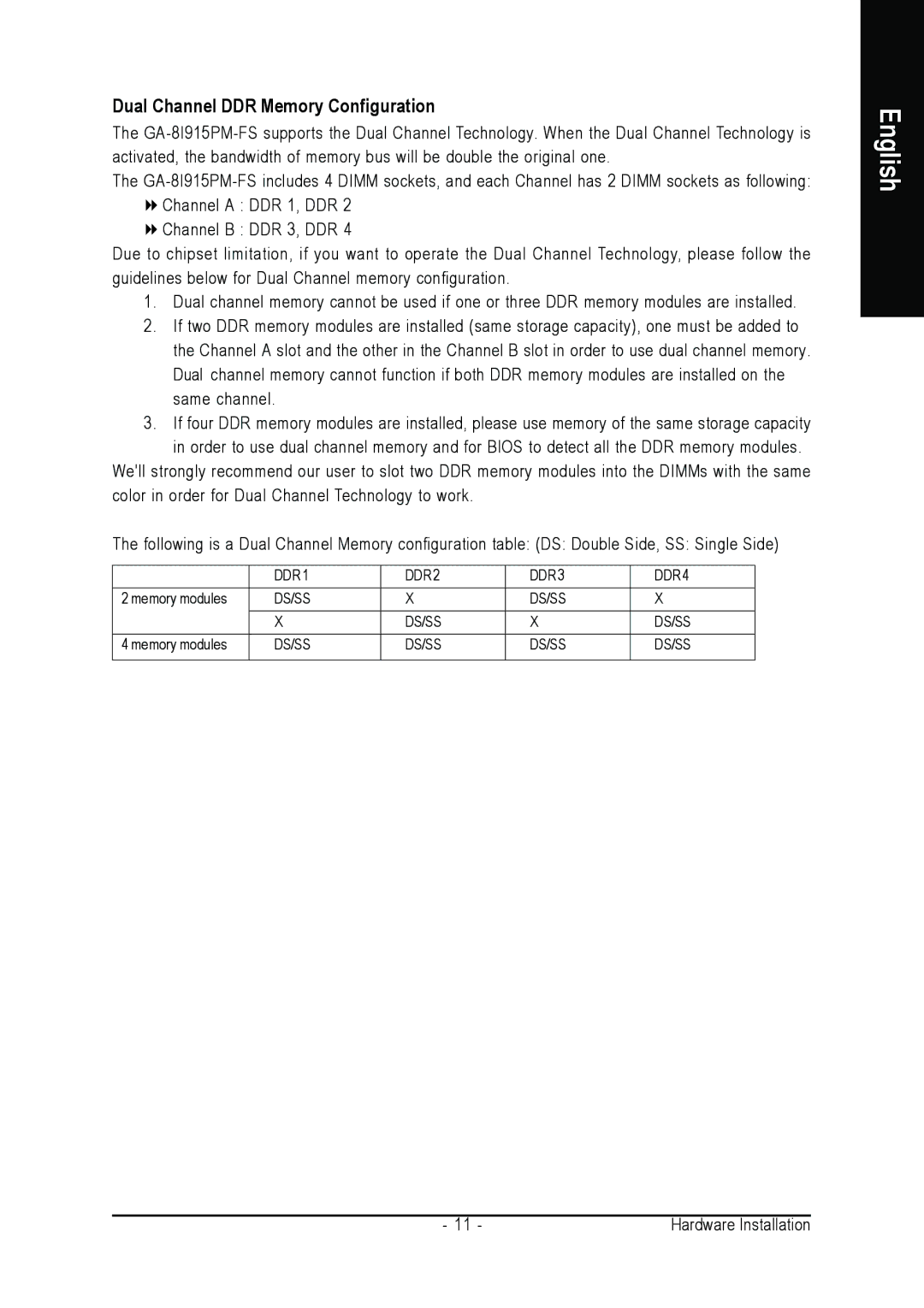 Intel GA-8I915PM-FS user manual Dual Channel DDR Memory Configuration 