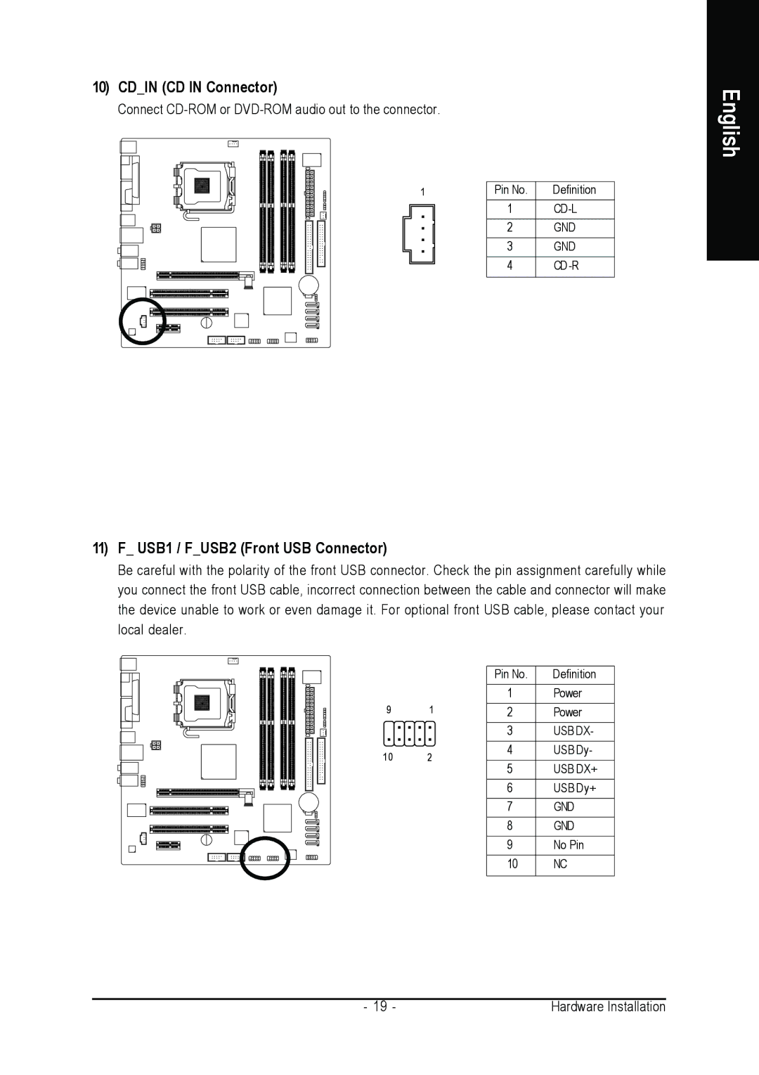 Intel GA-8I915PM-FS user manual Cdin CD in Connector, USB1 / FUSB2 Front USB Connector 