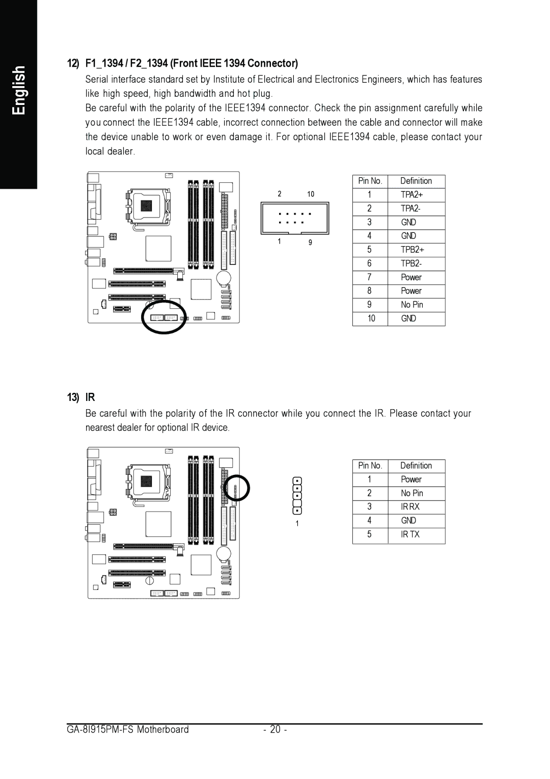 Intel GA-8I915PM-FS user manual 12 F11394 / F21394 Front Ieee 1394 Connector, 13 IR 