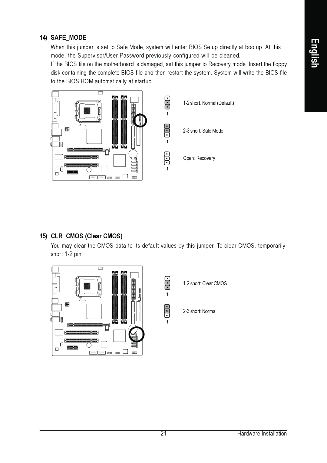 Intel GA-8I915PM-FS user manual Safemode, Clrcmos Clear Cmos 