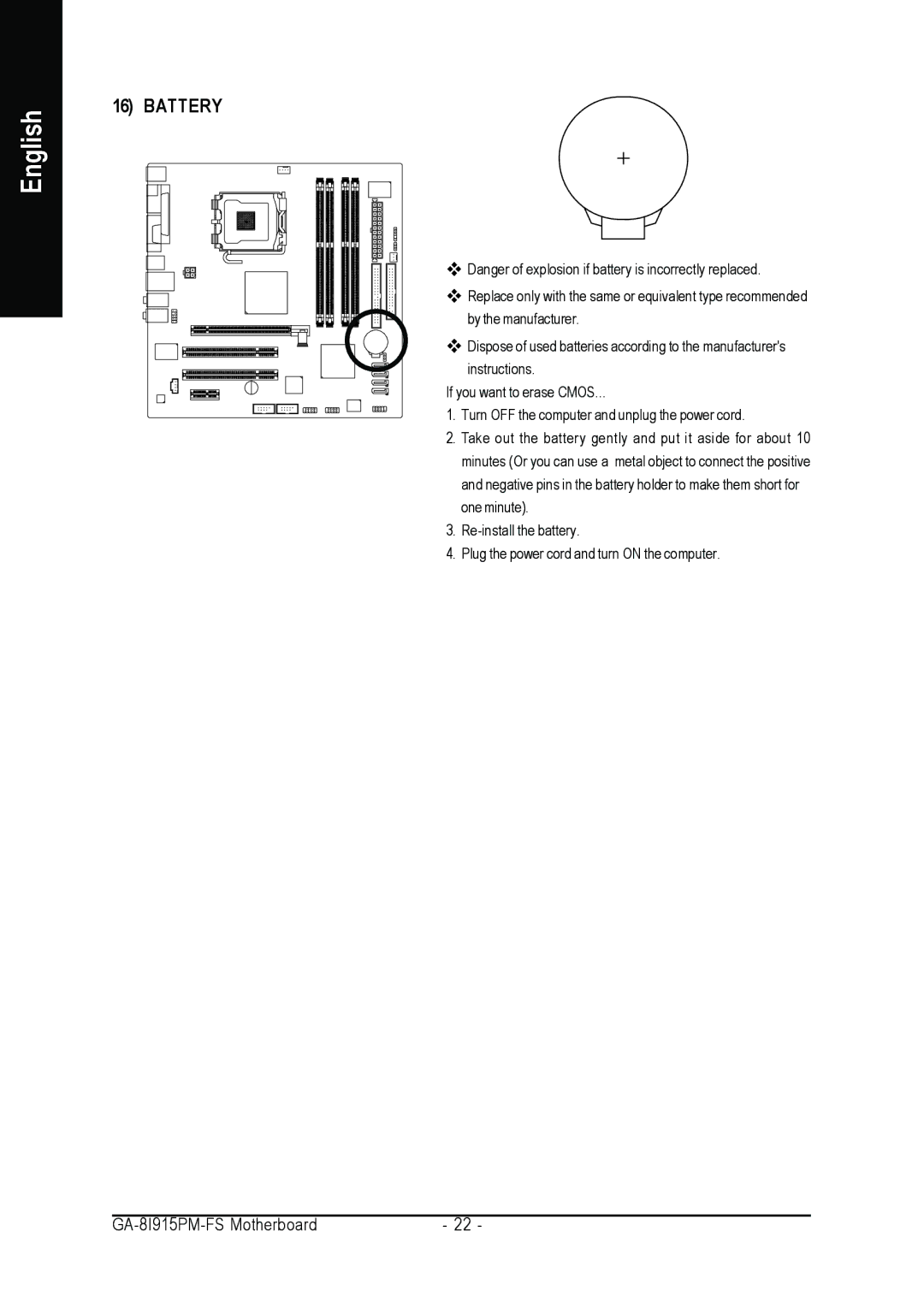 Intel GA-8I915PM-FS user manual Battery 