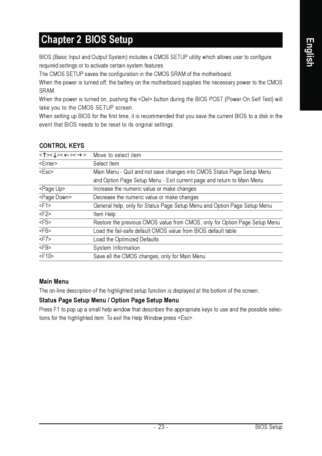 Intel GA-8I915PM-FS user manual Main Menu, Status Page Setup Menu / Option Page Setup Menu 