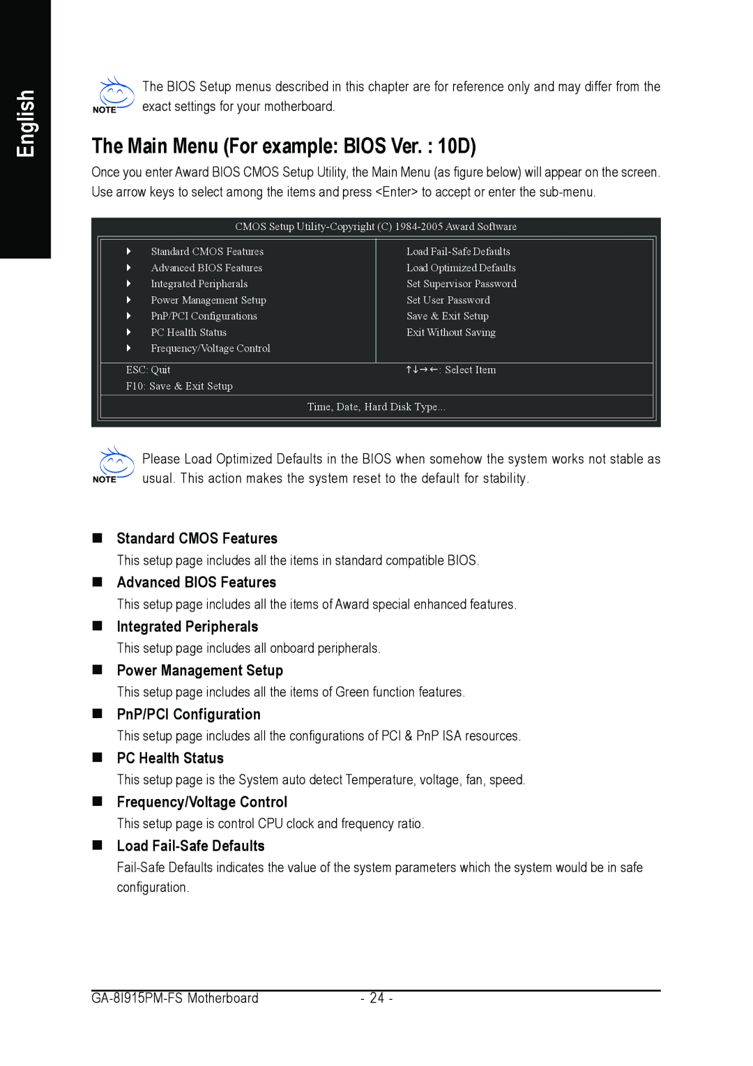 Intel GA-8I915PM-FS user manual Main Menu For example Bios Ver D 