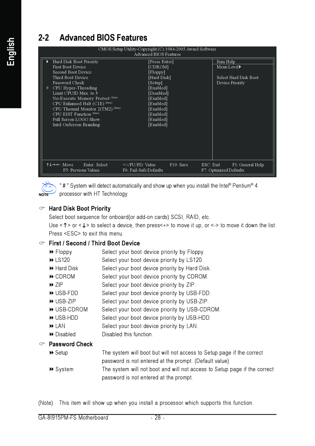 Intel GA-8I915PM-FS Advanced Bios Features, Hard Disk Boot Priority, First / Second / Third Boot Device, Password Check 