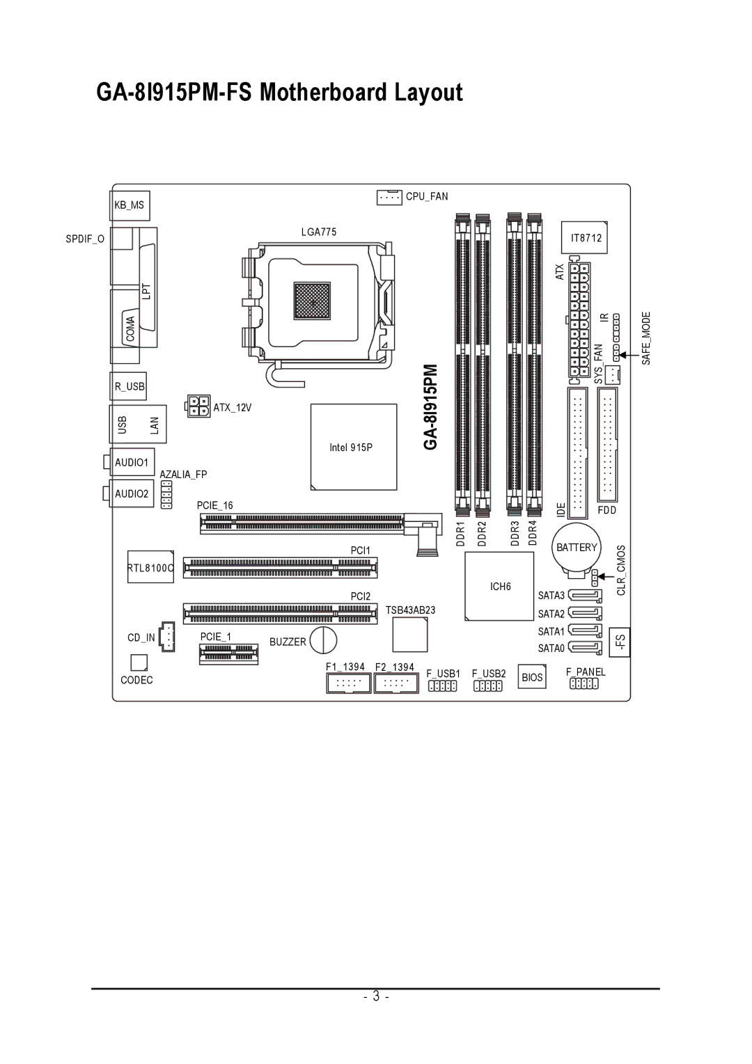 Intel user manual GA-8I915PM-FS Motherboard Layout, 8I915PM-GA 