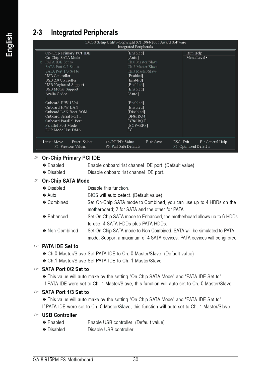 Intel GA-8I915PM-FS Integrated Peripherals, Pata IDE Set to, Sata Port 0/2 Set to, Sata Port 1/3 Set to, USB Controller 