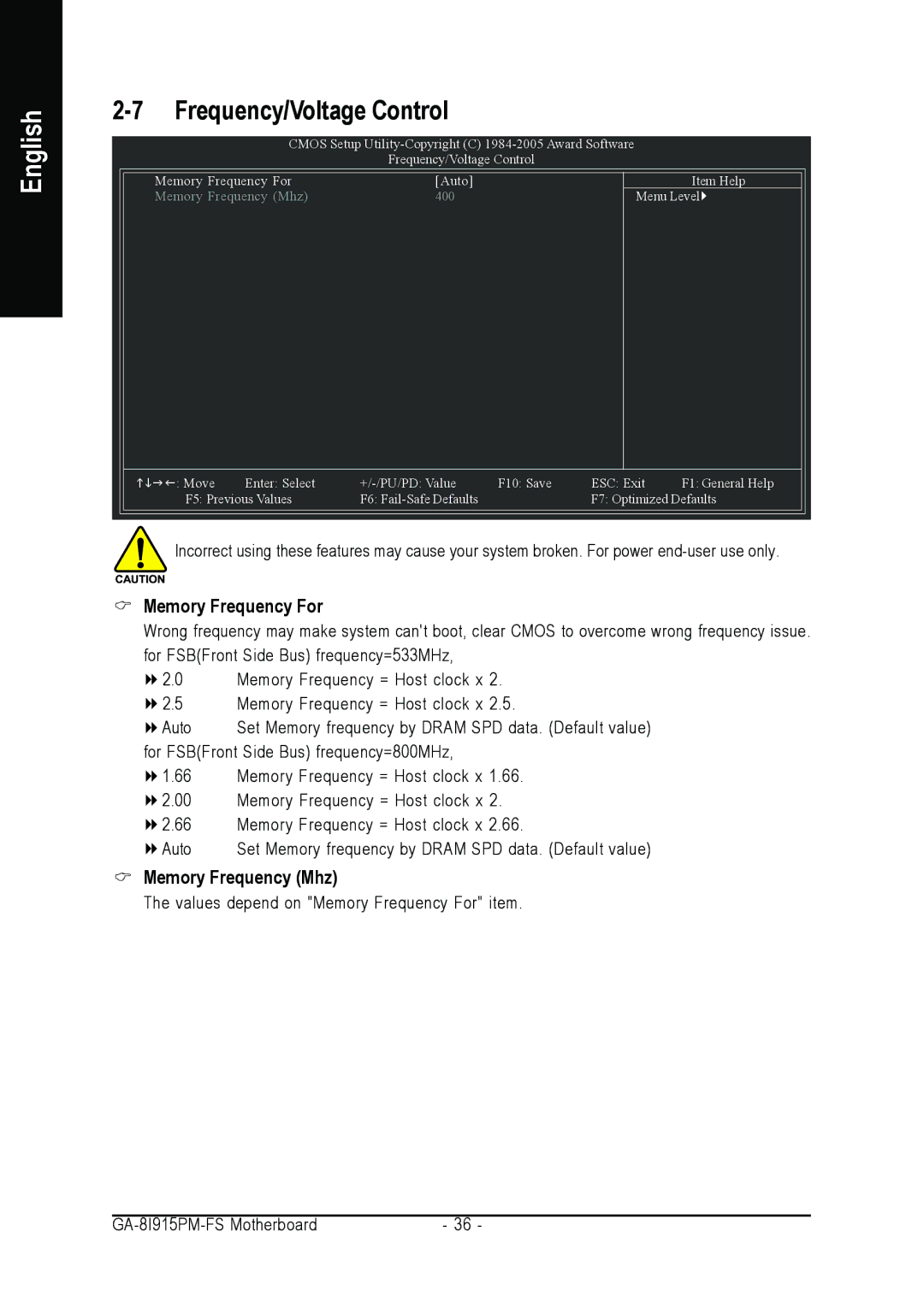 Intel GA-8I915PM-FS user manual Frequency/Voltage Control, Memory Frequency For, Memory Frequency Mhz 