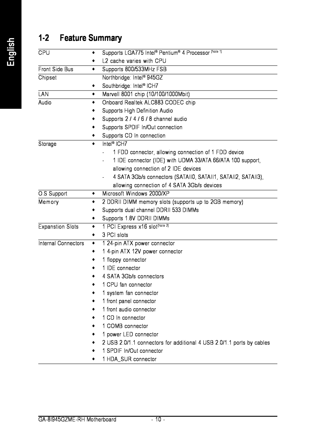 Intel GA-8I945GZME-RH user manual Feature Summary, English 