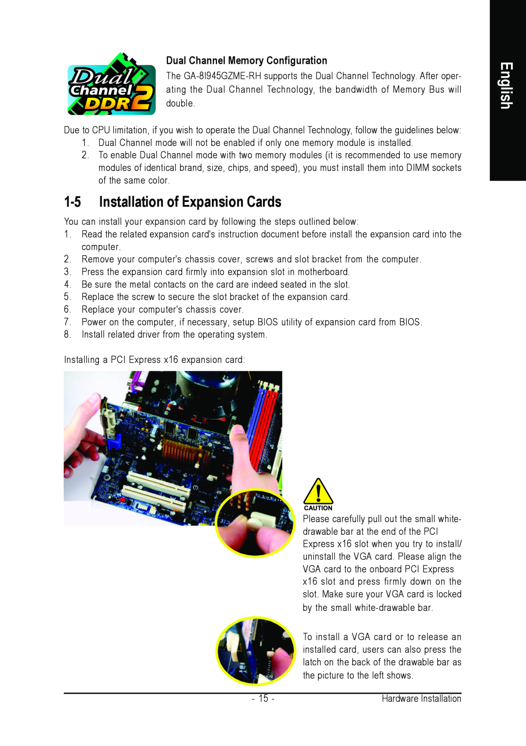 Intel GA-8I945GZME-RH user manual Installation of Expansion Cards, Dual Channel Memory Configuration, English 