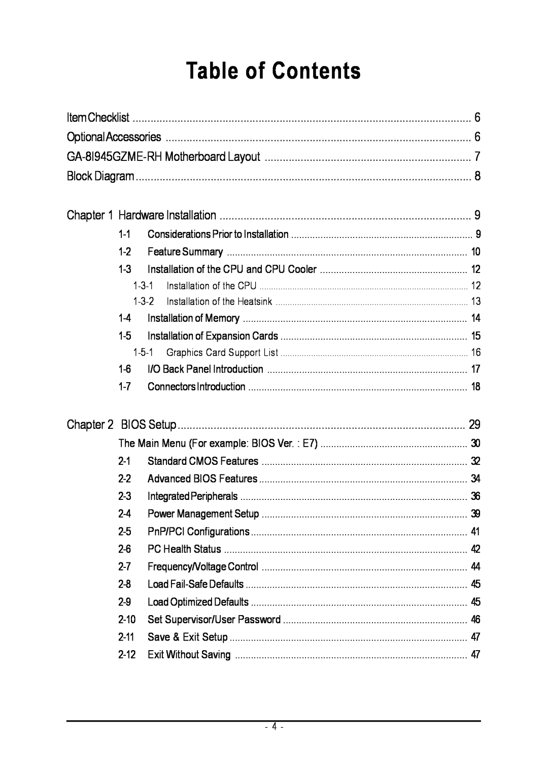 Intel GA-8I945GZME-RH user manual Table of Contents 