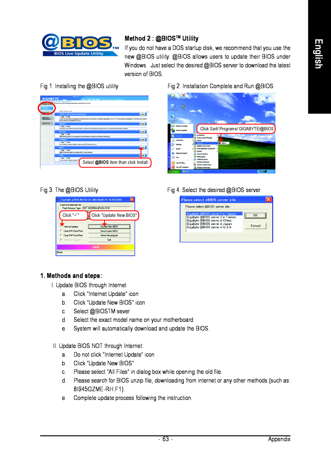 Intel GA-8I945GZME-RH user manual Method 2 @BIOSTM Utility, Methods and steps, English 