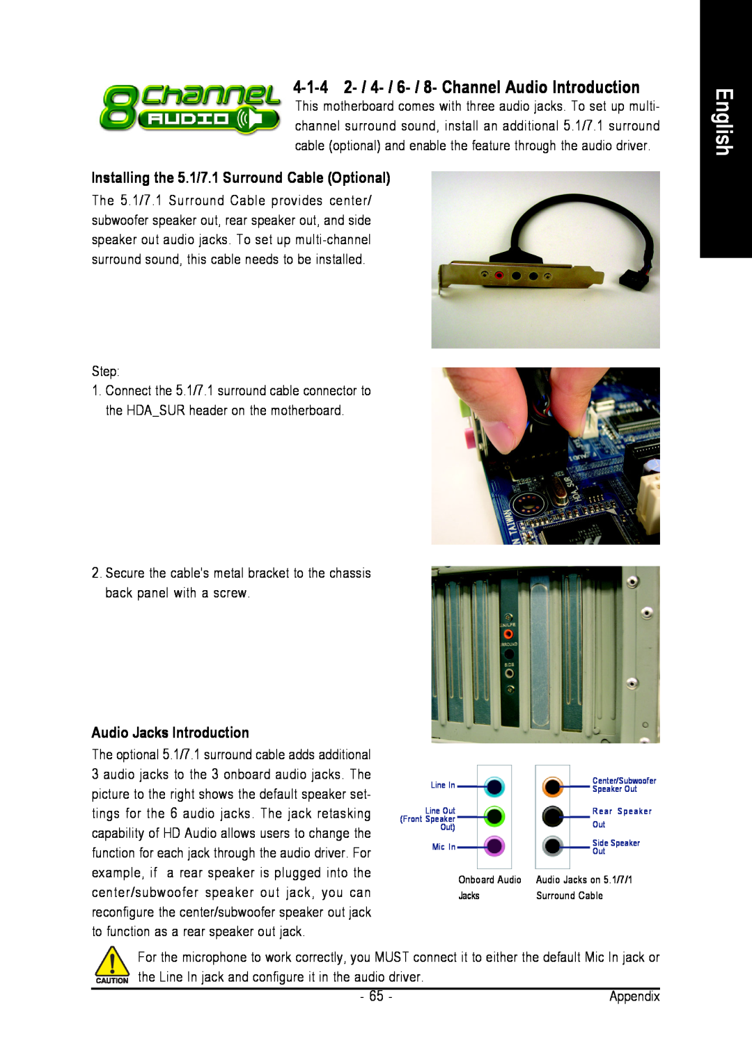 Intel GA-8I945GZME-RH user manual 4-1-4 2- / 4- / 6- / 8- Channel Audio Introduction, Audio Jacks Introduction, English 