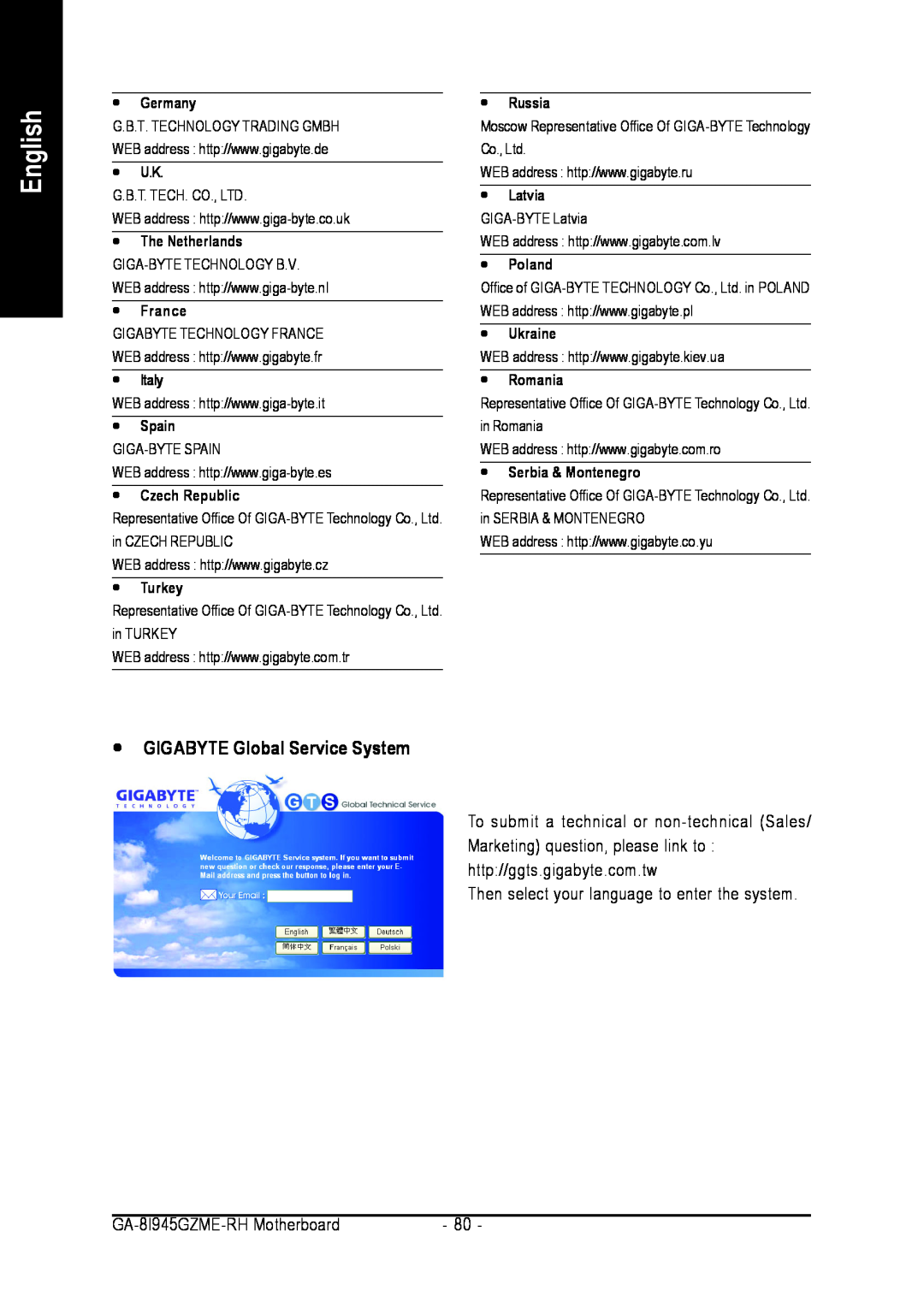 Intel GA-8I945GZME-RH user manual y GIGABYTE Global Service System, English 