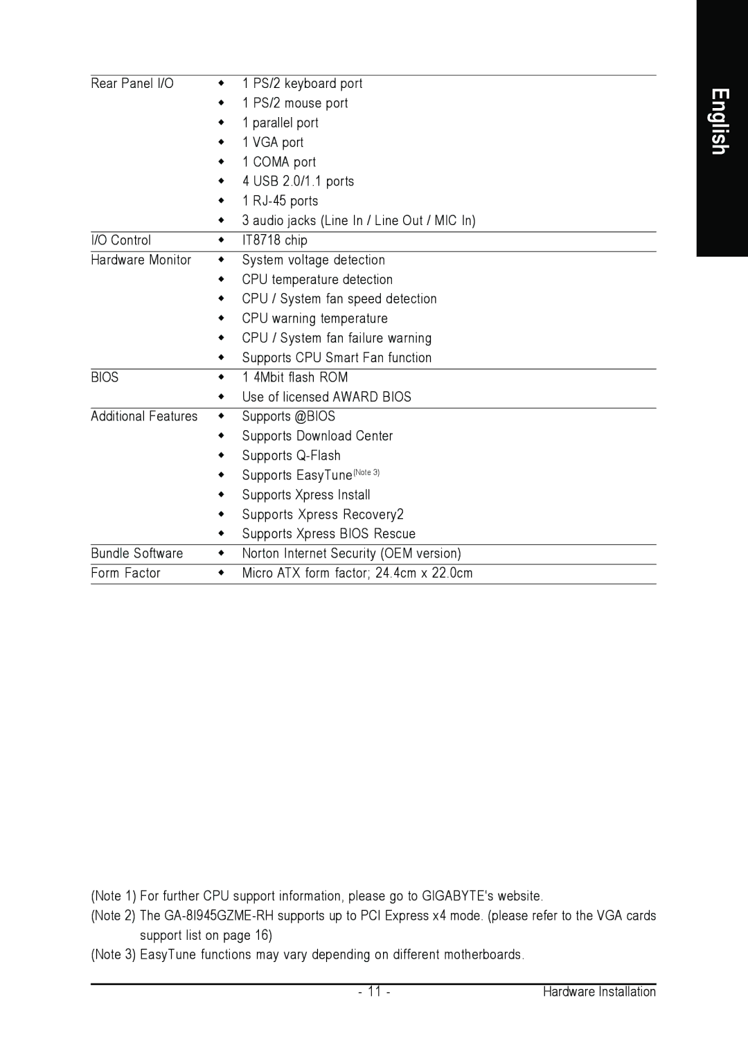 Intel GA-8I945GZME-RH user manual 4Mbit flash ROM 