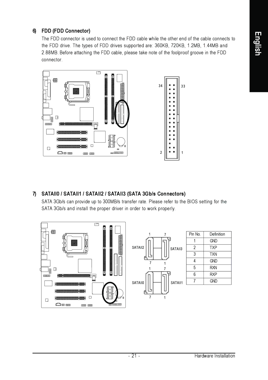 Intel GA-8I945GZME-RH user manual FDD FDD Connector, SATAII0 / SATAII1 / SATAII2 / SATAII3 Sata 3Gb/s Connectors 