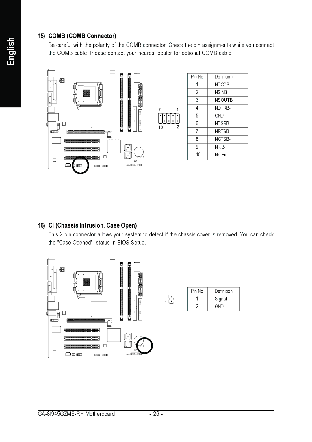 Intel GA-8I945GZME-RH user manual Comb Comb Connector, CI Chassis Intrusion, Case Open 