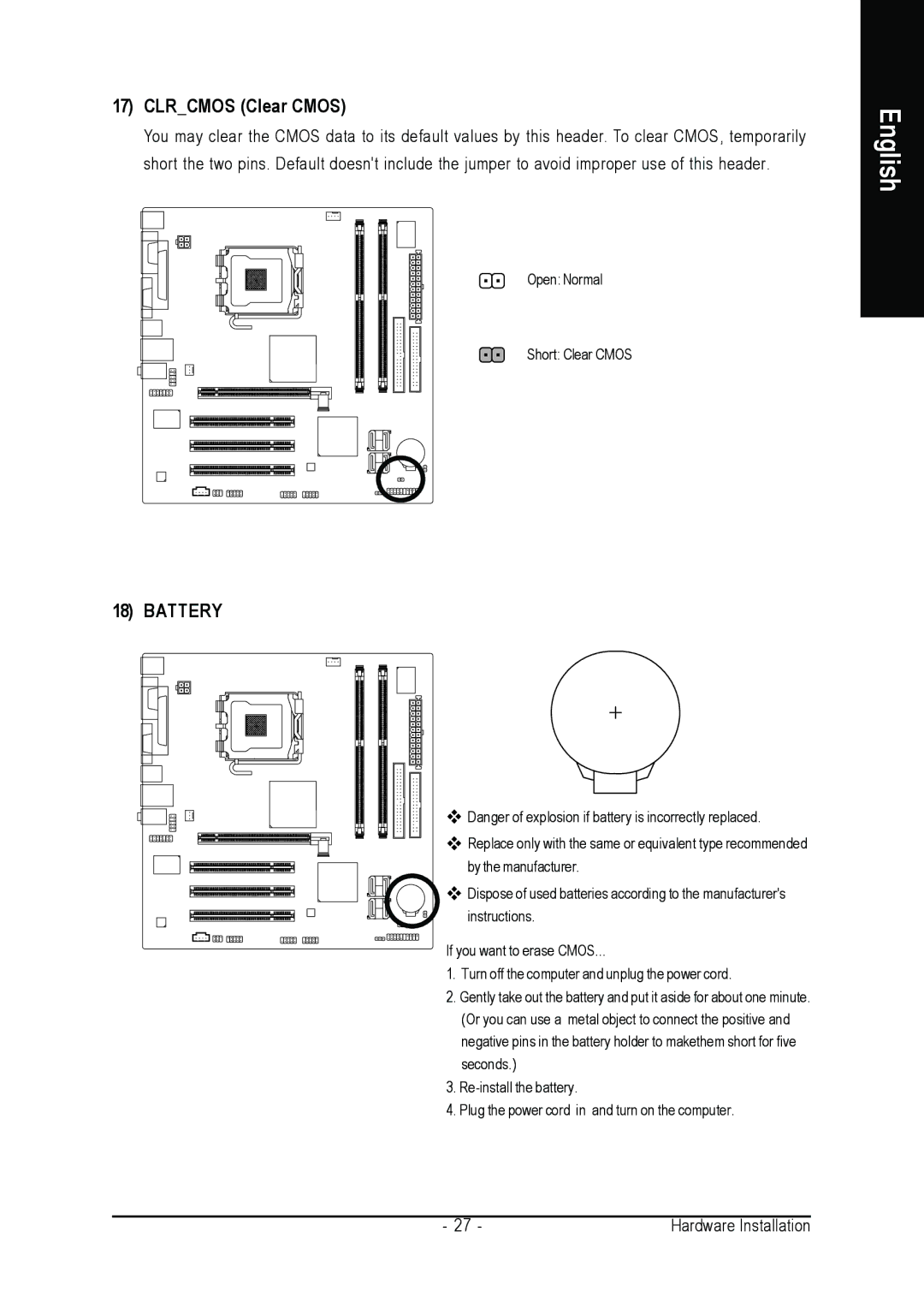 Intel GA-8I945GZME-RH user manual Clrcmos Clear Cmos 