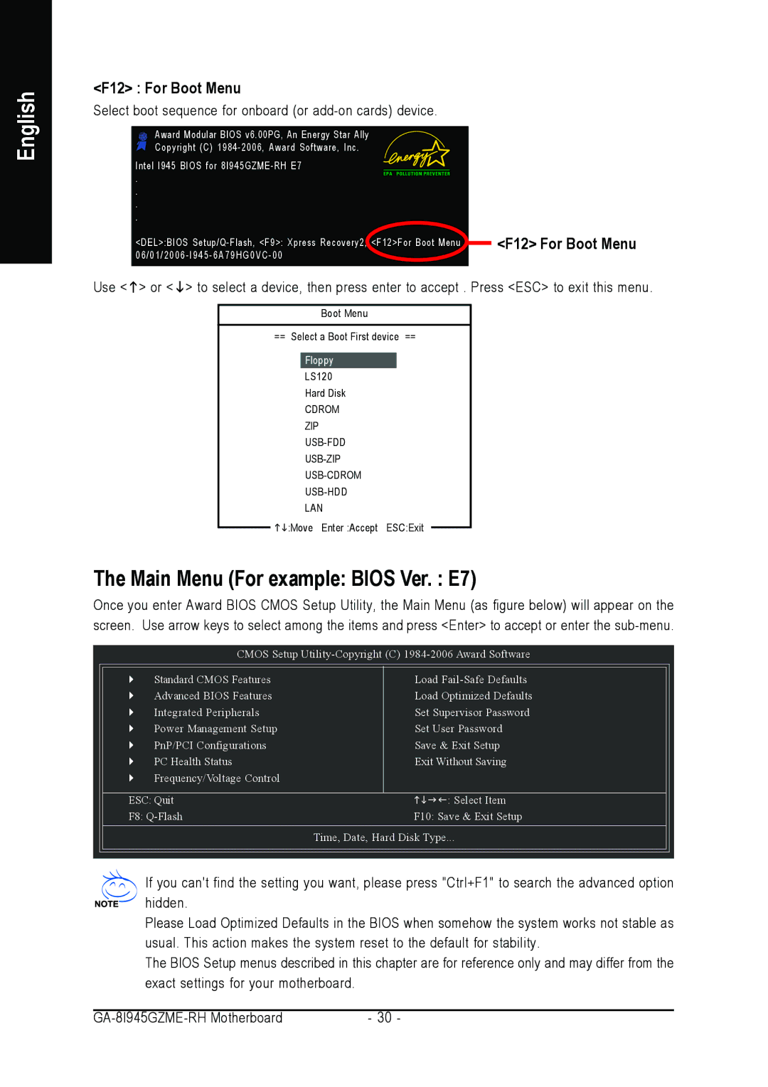 Intel GA-8I945GZME-RH user manual Main Menu For example Bios Ver. E7, F12 For Boot Menu 