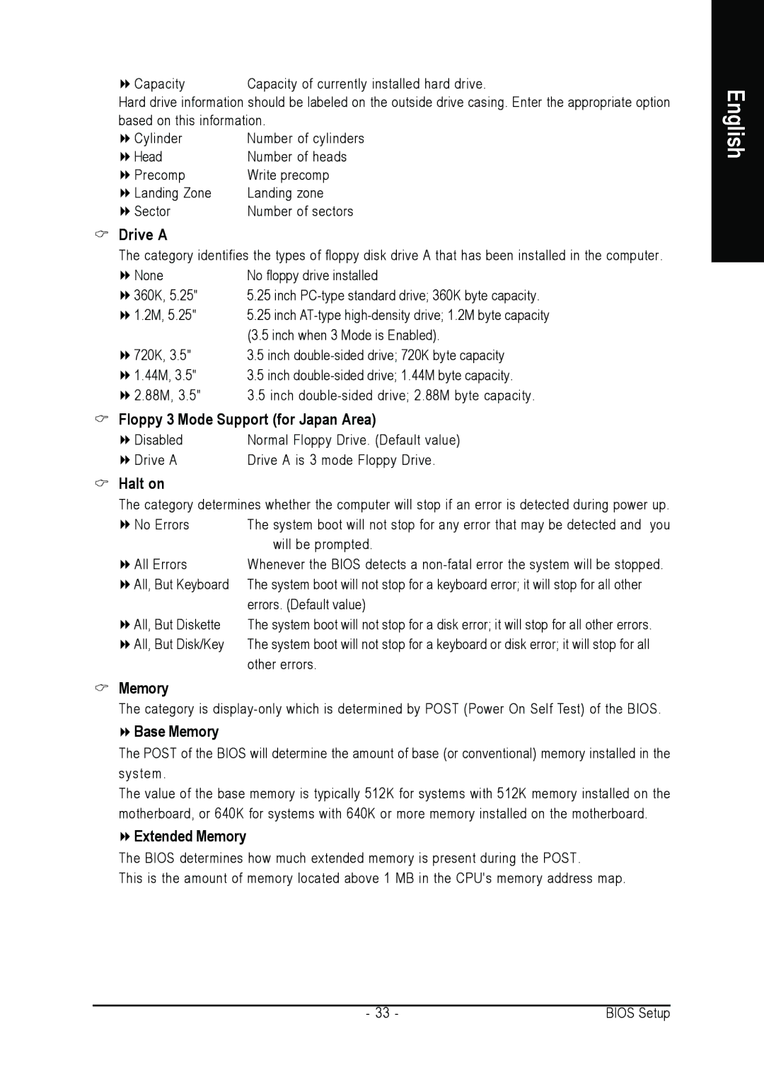 Intel GA-8I945GZME-RH user manual Drive a, Floppy 3 Mode Support for Japan Area, Halt on, Base Memory, Extended Memory 