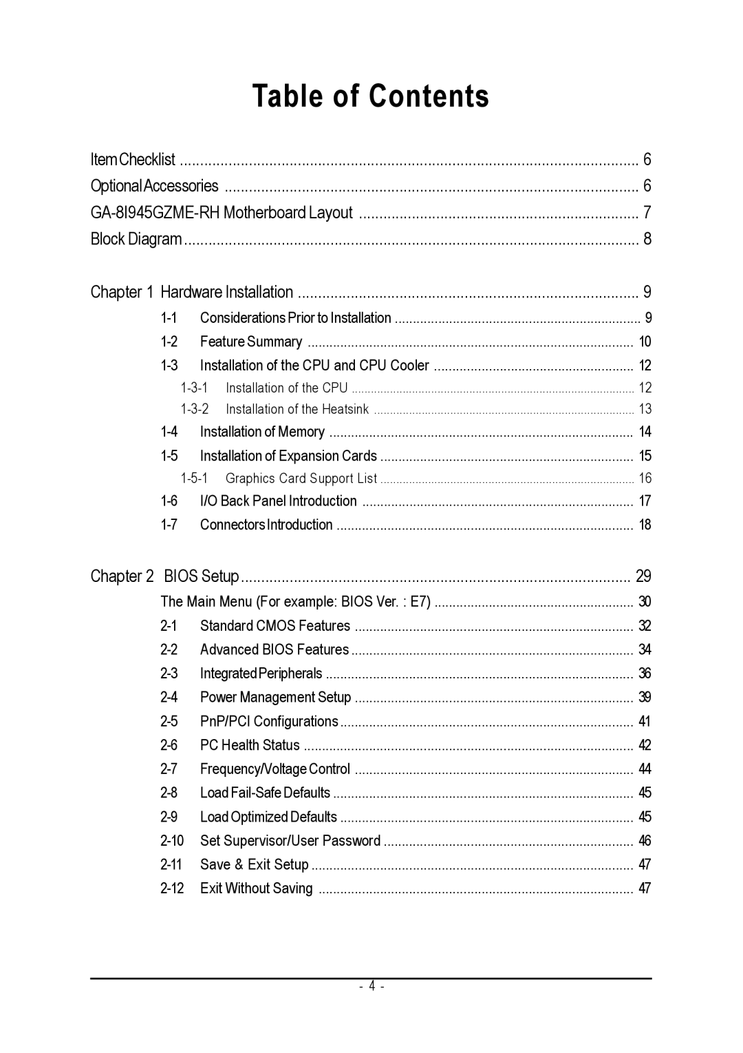 Intel GA-8I945GZME-RH user manual Table of Contents 