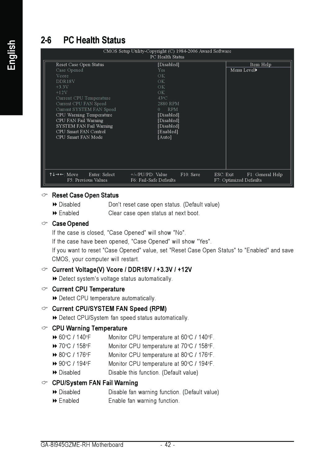 Intel GA-8I945GZME-RH user manual PC Health Status 