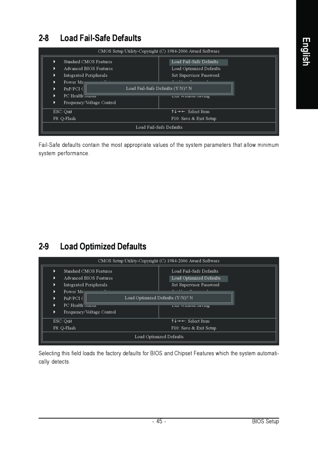 Intel GA-8I945GZME-RH user manual Load Fail-Safe Defaults, Load Optimized Defaults 