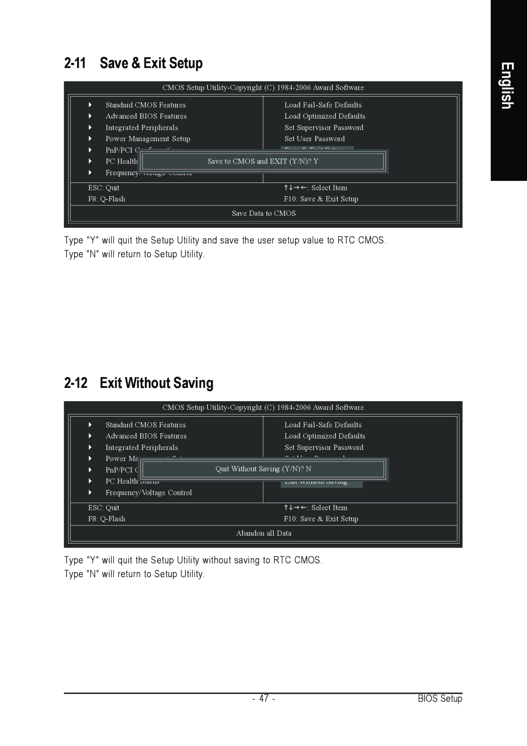 Intel GA-8I945GZME-RH user manual Save & Exit Setup, Exit Without Saving 