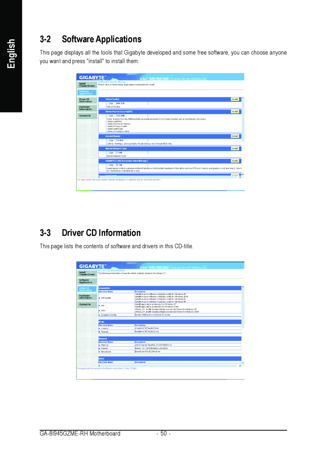 Intel GA-8I945GZME-RH user manual Software Applications, Driver CD Information 