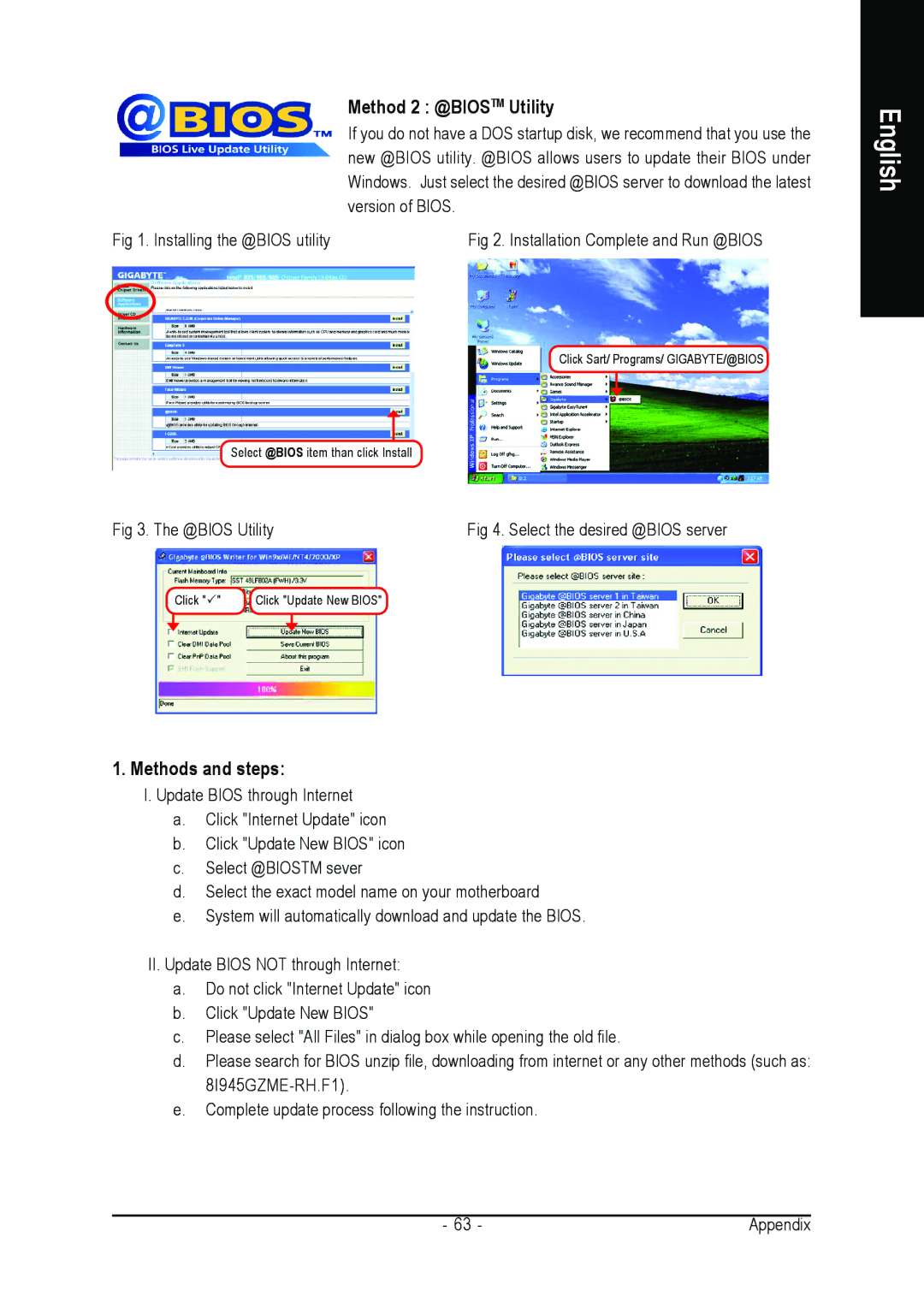 Intel GA-8I945GZME-RH user manual Method 2 @BIOSTM Utility, Methods and steps 