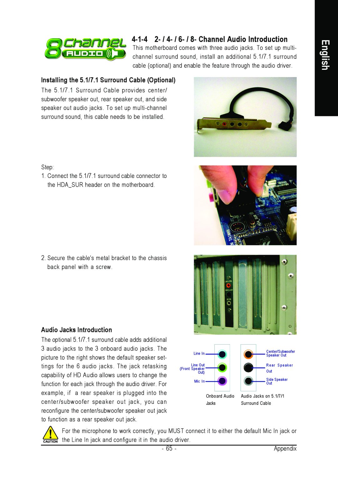 Intel GA-8I945GZME-RH 4 2- / 4- / 6- / 8- Channel Audio Introduction, Installing the 5.1/7.1 Surround Cable Optional 