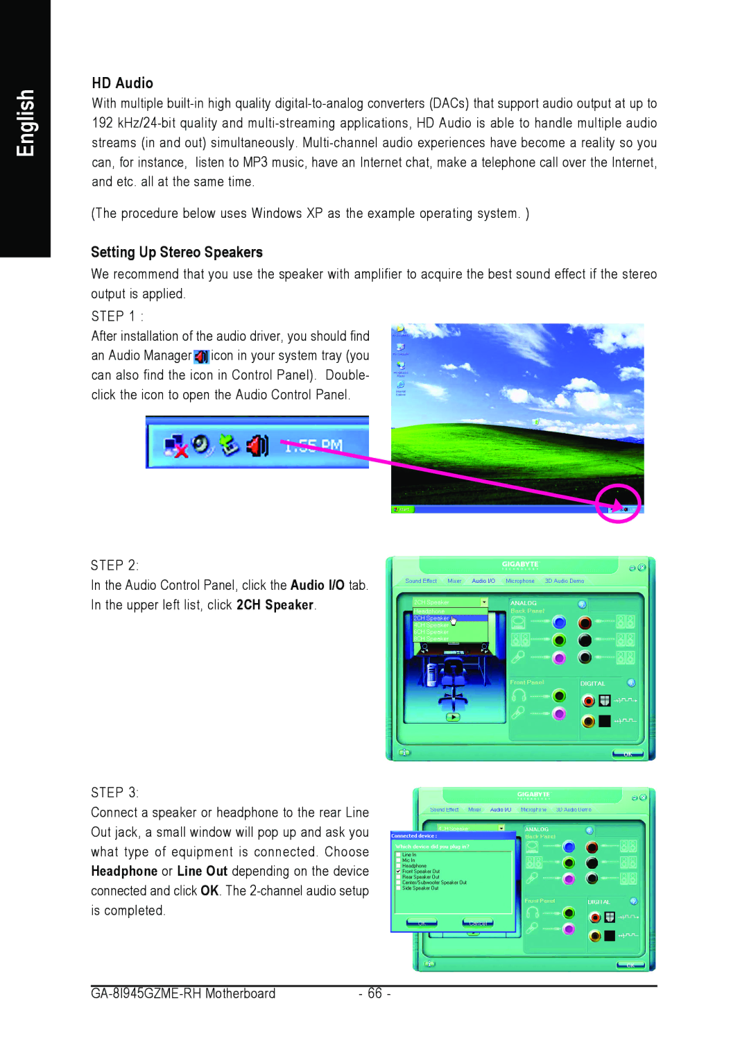 Intel GA-8I945GZME-RH user manual HD Audio, Setting Up Stereo Speakers 