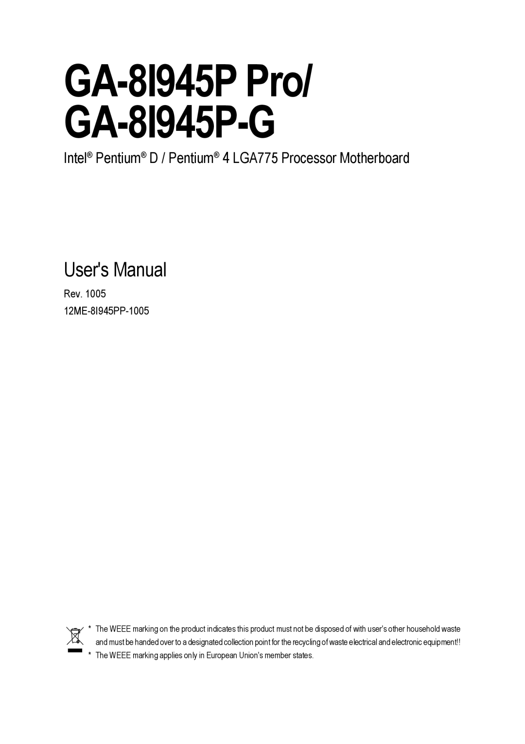 Intel GA-8I945P PRO user manual GA-8I945P Pro GA-8I945P-G 