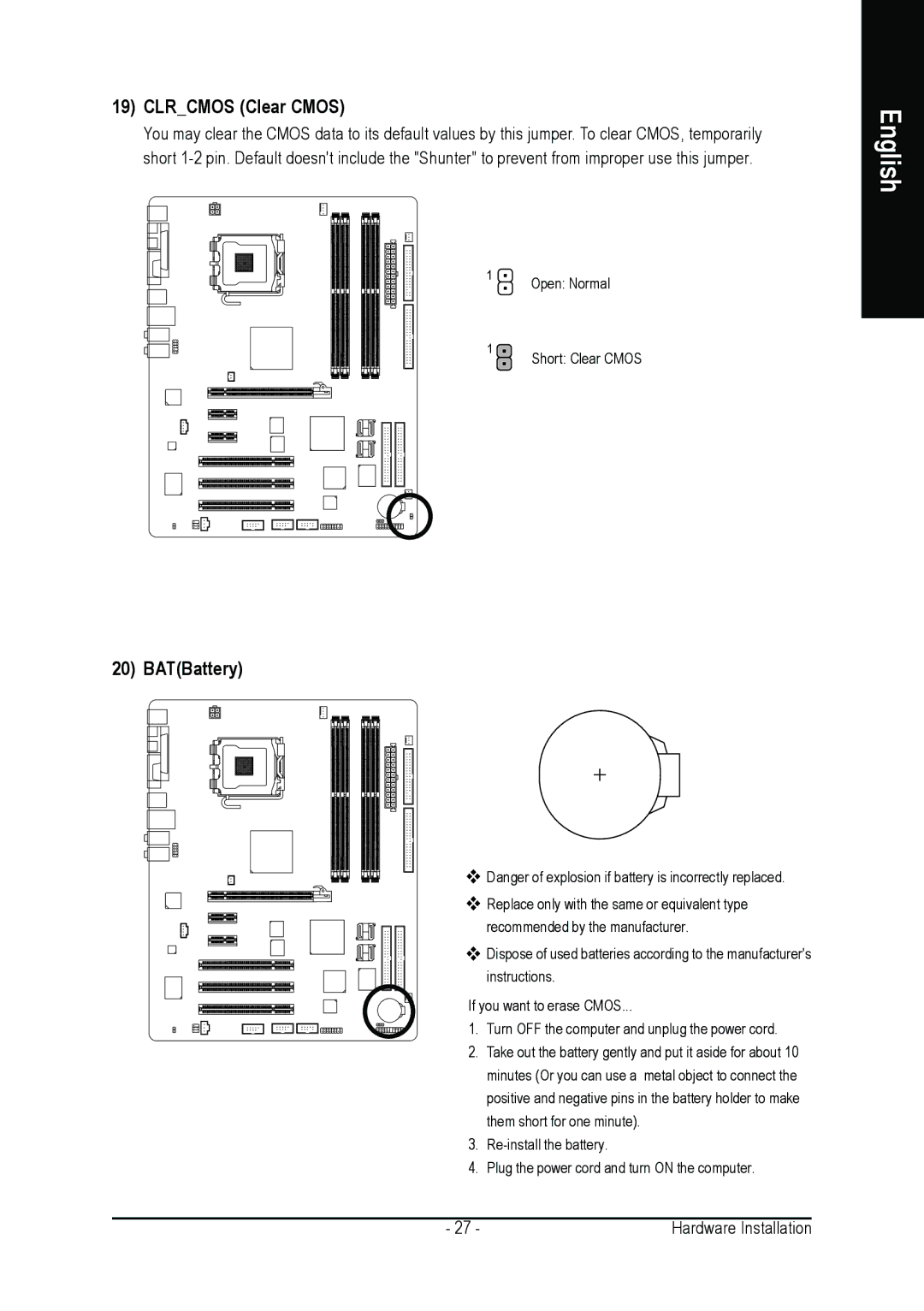 Intel GA-8I945P PRO, GA-8I945P-G user manual Clrcmos Clear Cmos, BATBattery 