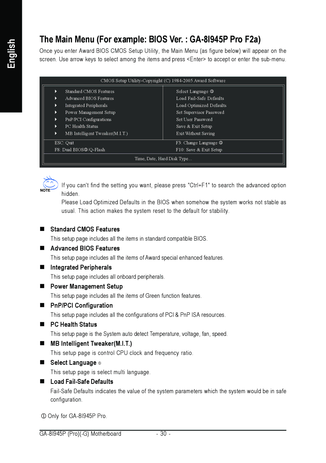 Intel GA-8I945P-G, GA-8I945P PRO user manual Main Menu For example Bios Ver. GA-8I945P Pro F2a 