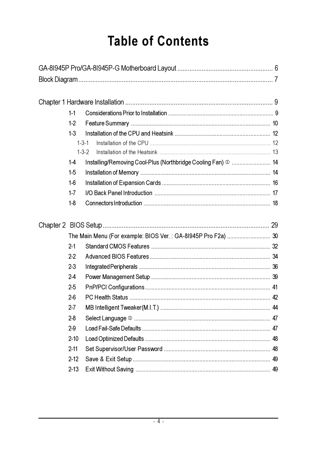 Intel GA-8I945P-G, GA-8I945P PRO user manual Table of Contents 