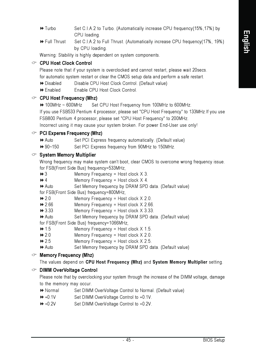 Intel GA-8I945P PRO CPU Host Clock Control, CPU Host Frequency Mhz, PCI Experss Frequency Mhz, System Memory Multiplier 