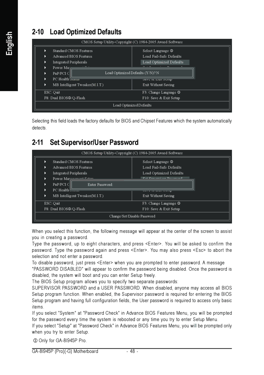 Intel GA-8I945P-G, GA-8I945P PRO user manual Load Optimized Defaults, Set Supervisor/User Password 