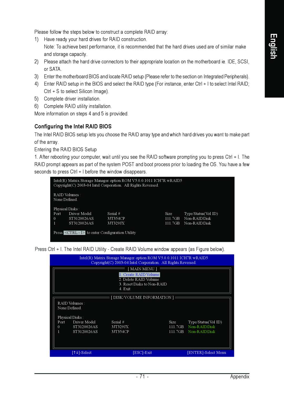 Intel GA-8I945P PRO, GA-8I945P-G user manual Configuring the Intel RAID Bios, DISK/VOLUME Information 