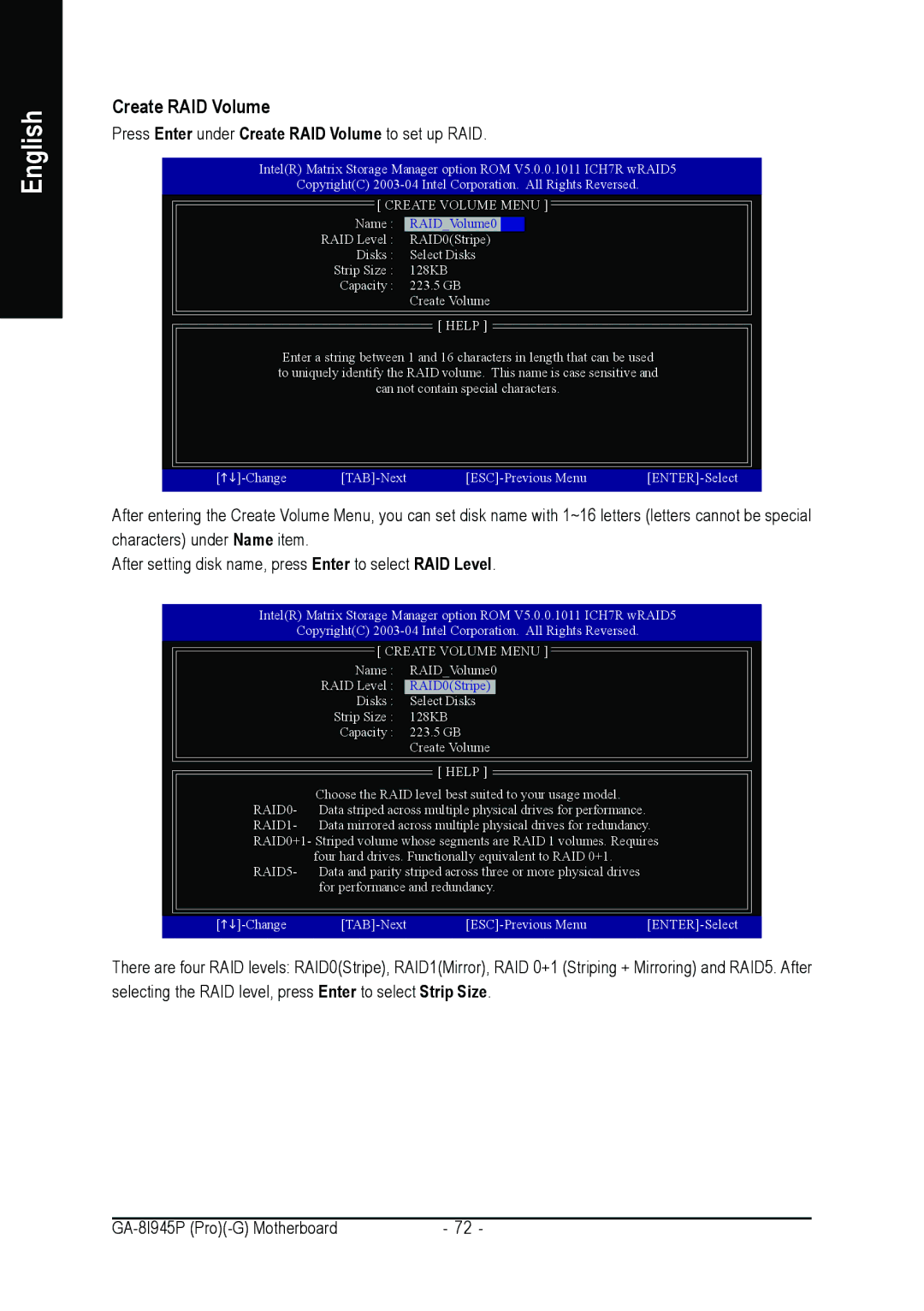 Intel GA-8I945P-G, GA-8I945P PRO user manual Press Enter under Create RAID Volume to set up RAID 