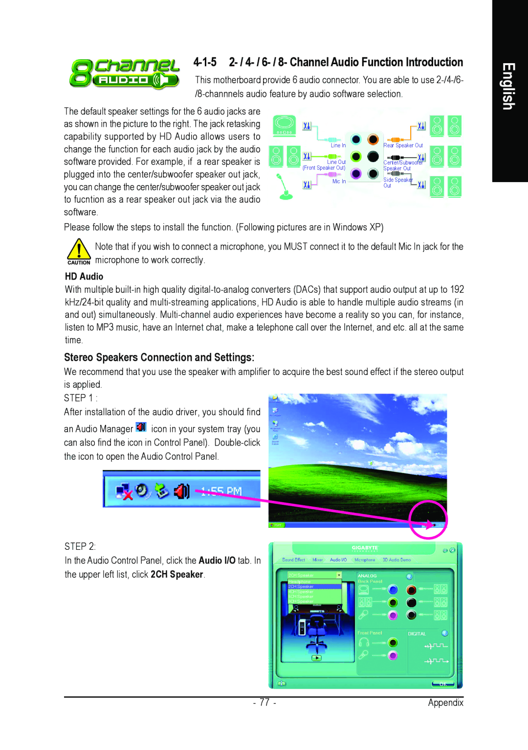 Intel GA-8I945P PRO 5 2- / 4- / 6- / 8- Channel Audio Function Introduction, Stereo Speakers Connection and Settings 