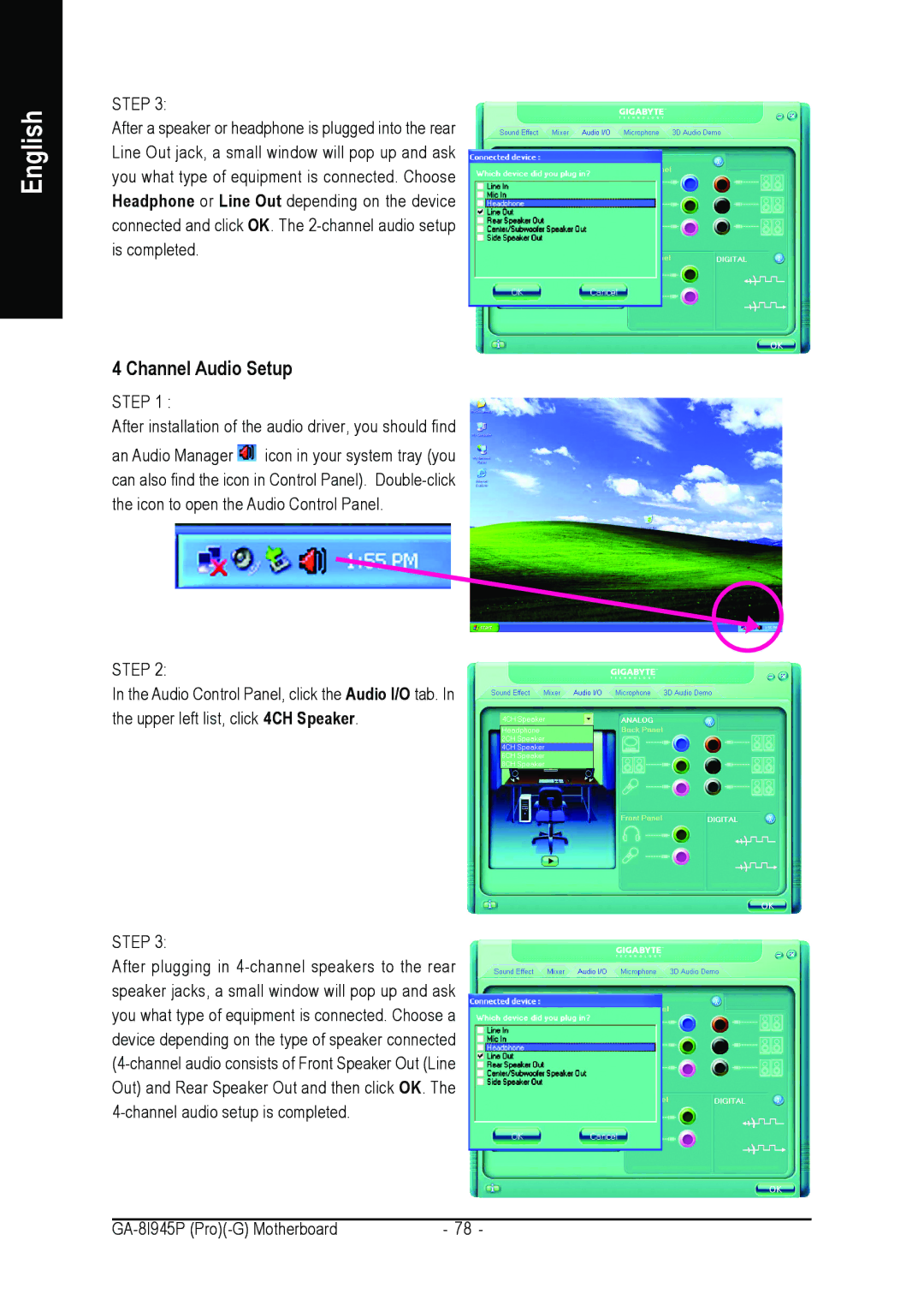 Intel GA-8I945P-G, GA-8I945P PRO Channel Audio Setup, Step After installation of the audio driver, you should find 