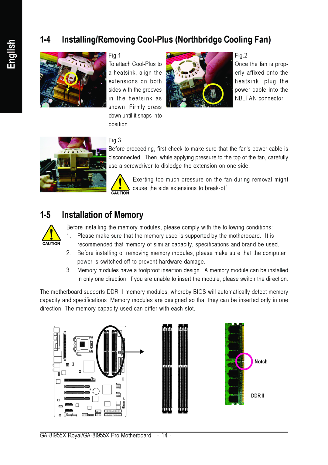 Intel GA-8I955X ROYAL, GA-8I955X PRO Installing/Removing Cool-Plus Northbridge Cooling Fan, Installation of Memory 