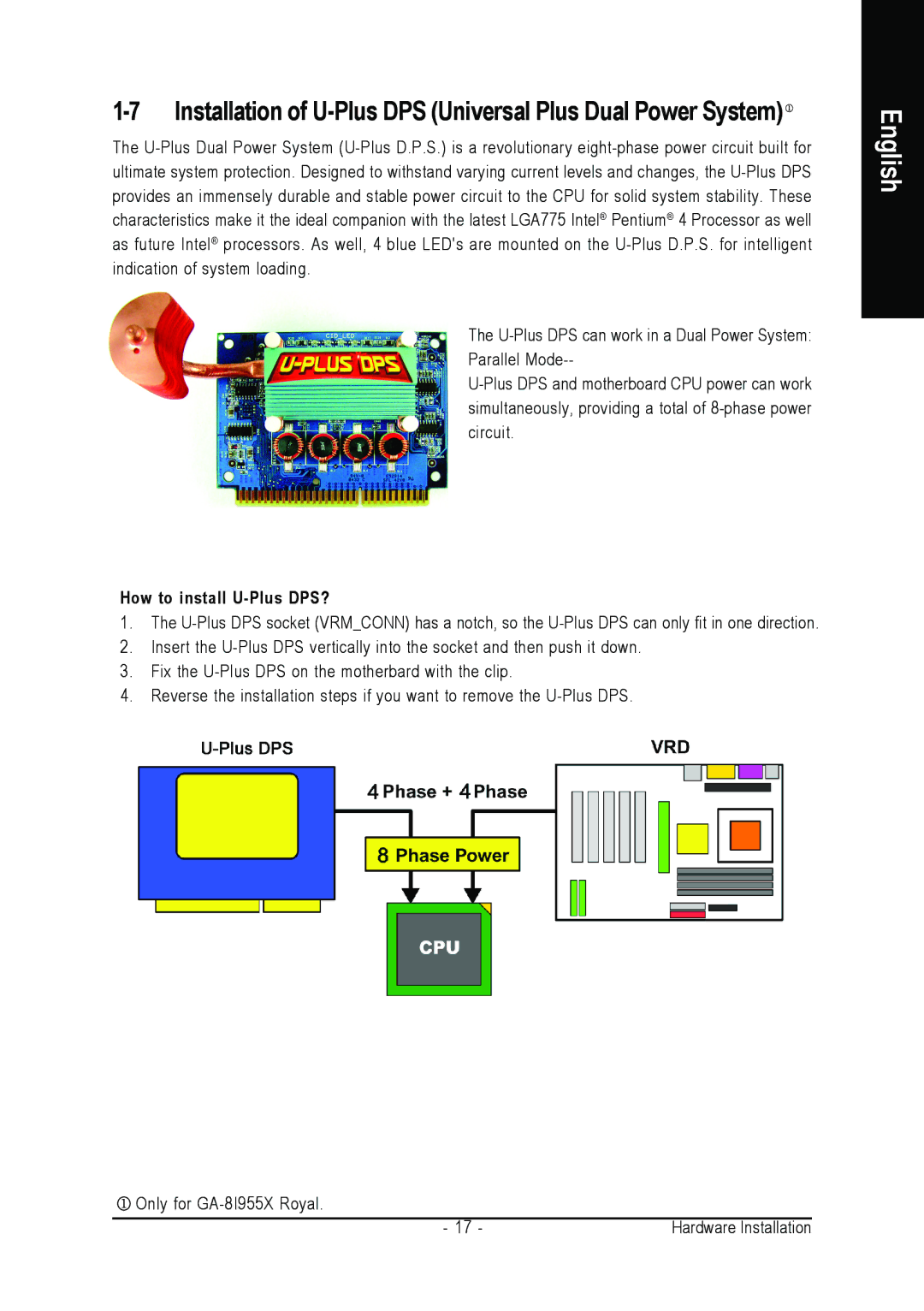 Intel GA-8I955X PRO user manual Installation of U-Plus DPS Universal Plus Dual Power System, How to install U-Plus DPS? 