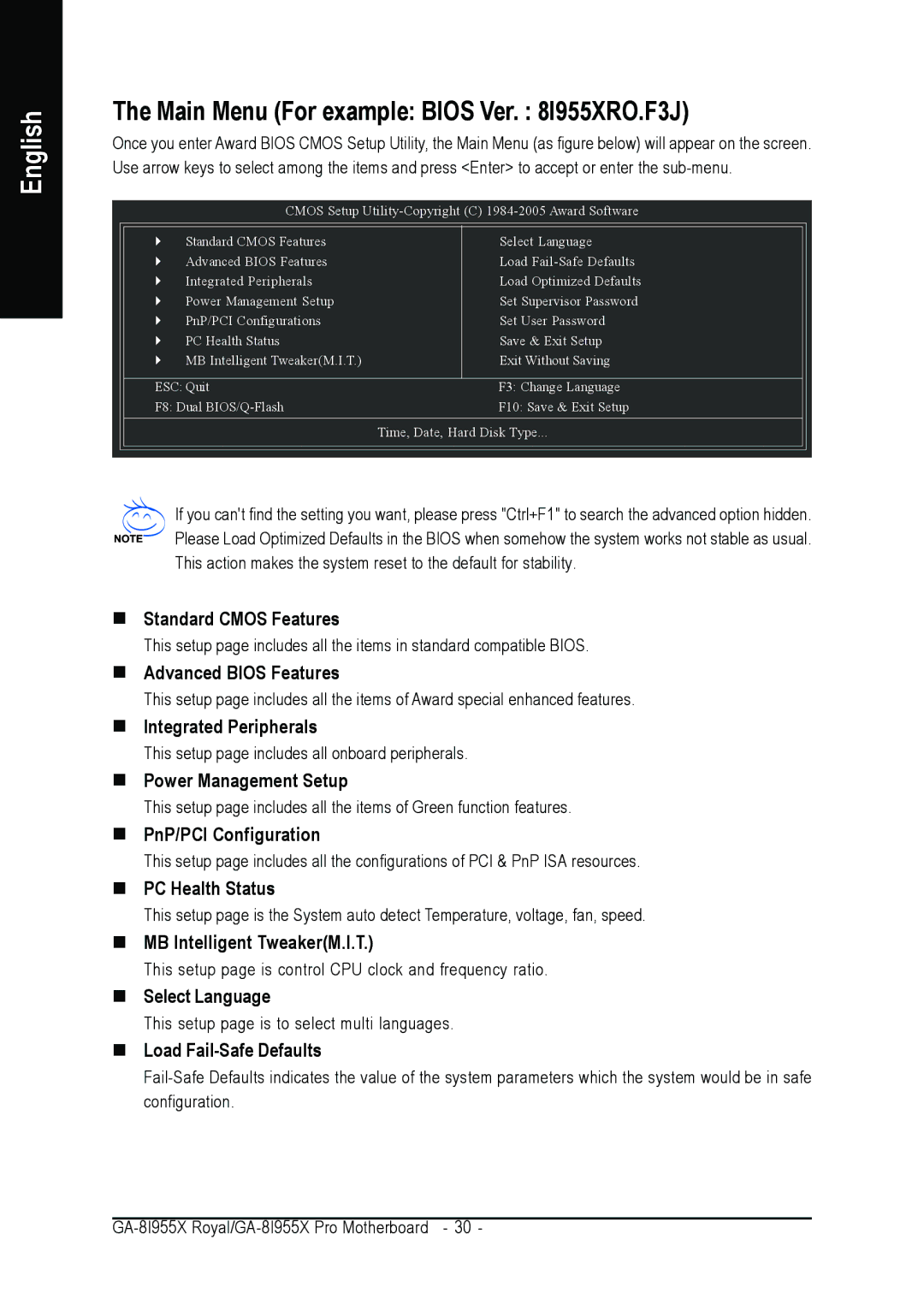 Intel GA-8I955X ROYAL, GA-8I955X PRO user manual Main Menu For example Bios Ver I955XRO.F3J 