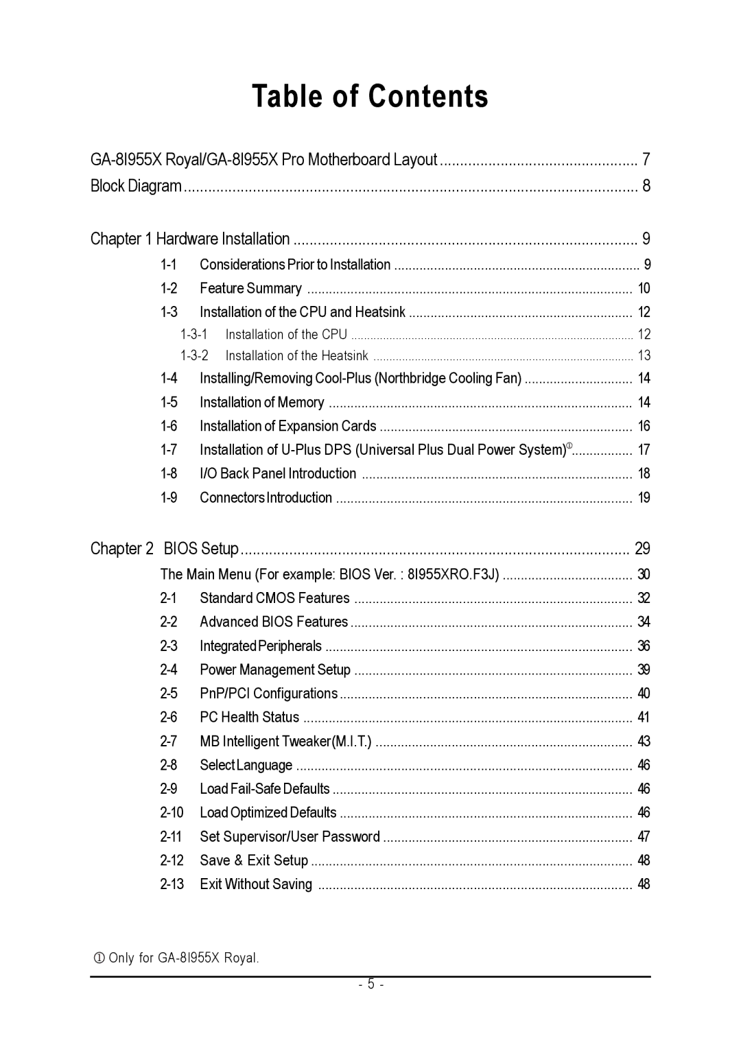 Intel GA-8I955X PRO, GA-8I955X ROYAL user manual Table of Contents 