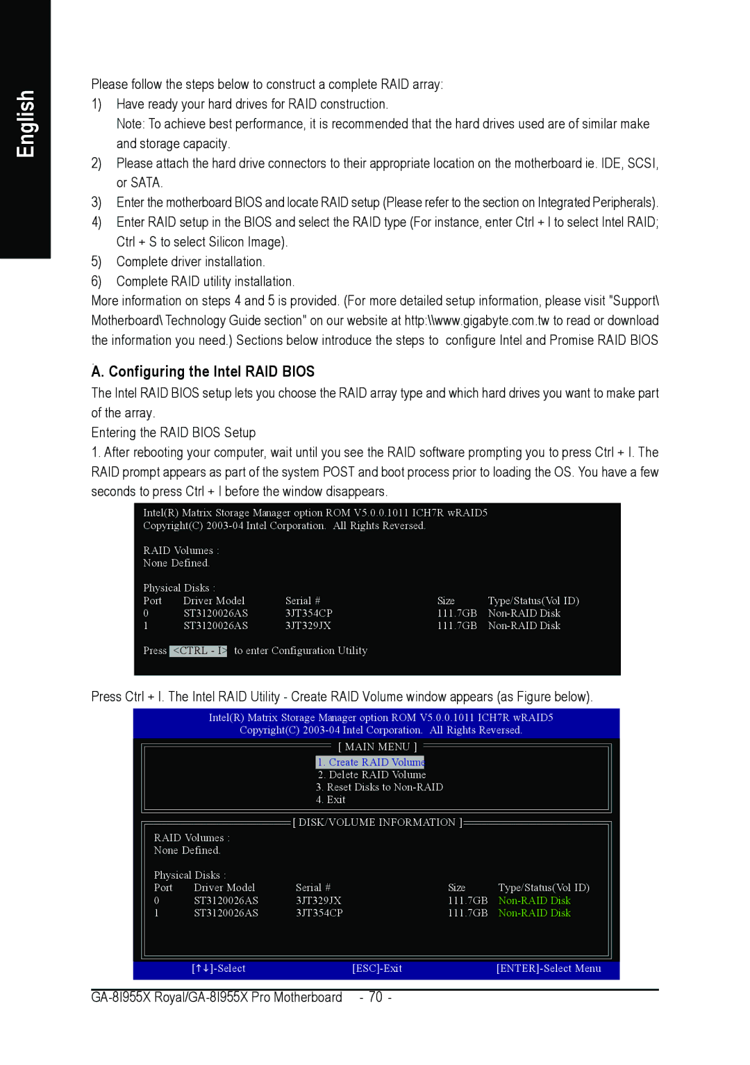 Intel GA-8I955X ROYAL, GA-8I955X PRO user manual Configuring the Intel RAID Bios, DISK/VOLUME Information 