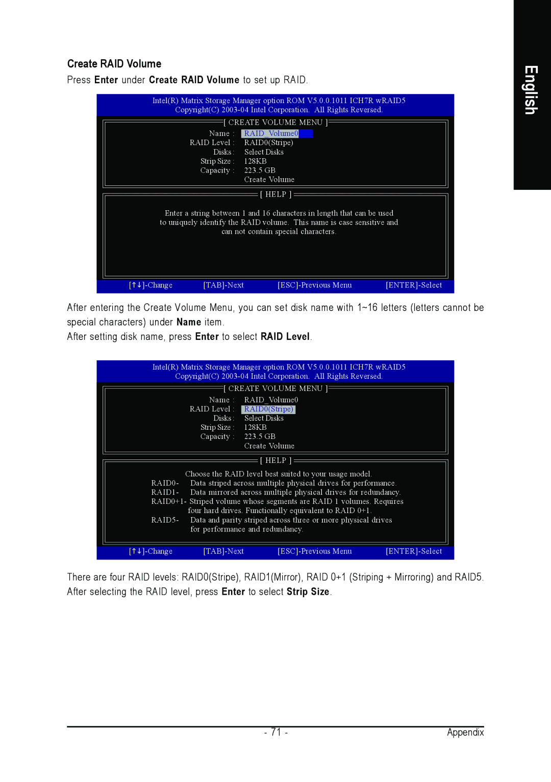 Intel GA-8I955X PRO, GA-8I955X ROYAL user manual Press Enter under Create RAID Volume to set up RAID 