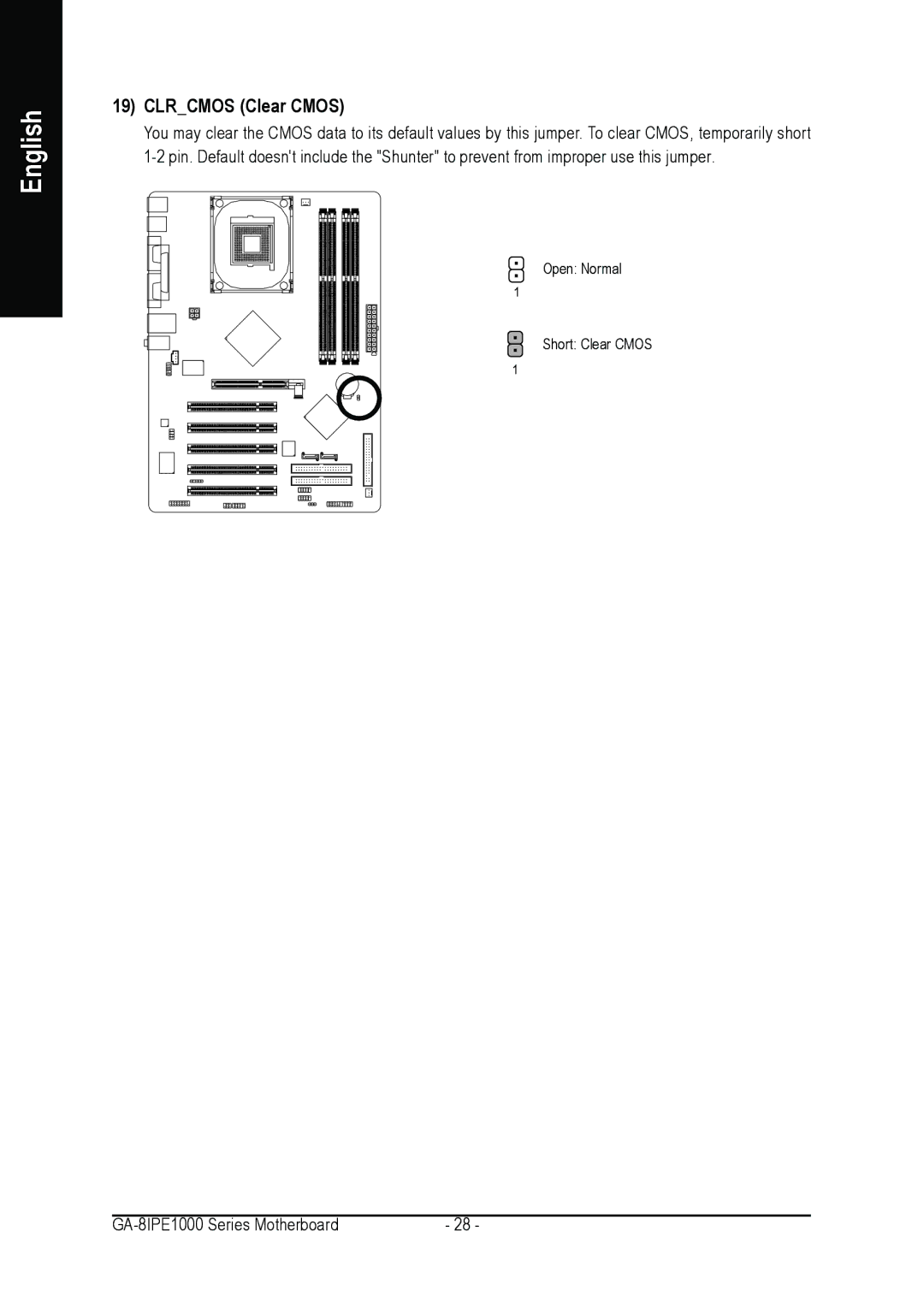 Intel GA-8IPE1000 user manual Clrcmos Clear Cmos 