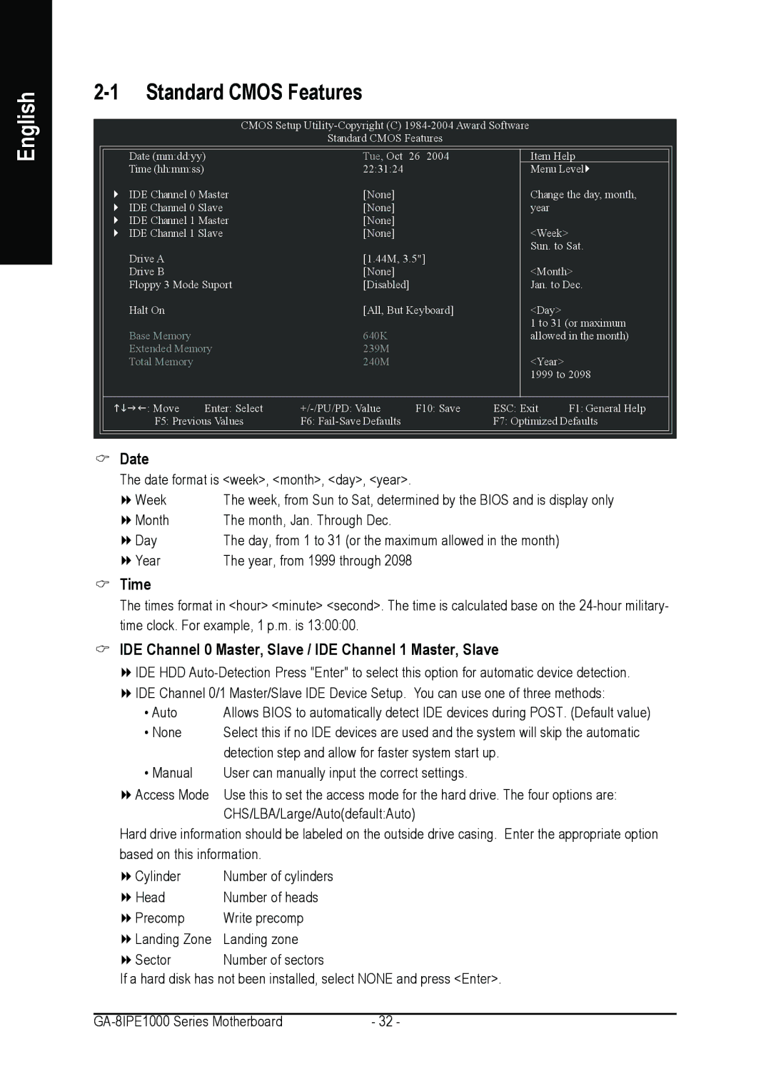 Intel GA-8IPE1000 user manual Standard Cmos Features, Time, IDE Channel 0 Master, Slave / IDE Channel 1 Master, Slave 